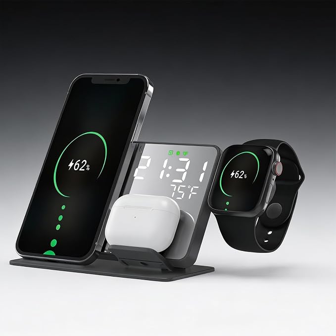 All-in-one Wireless Charger,Clock,Alarm,Calendar,Temperature Display,15W Fast Charging.Wirelessly Charge Phone,Watch,Earbuds simultaneously,Compatible with Qi-Enabled Devices,W669 Black.