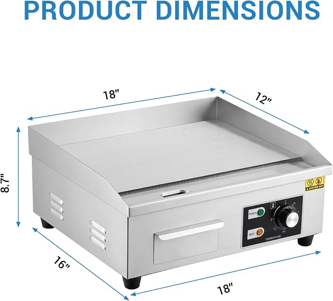 18" Commercial Griddle, Electric Countertop Flat Top Griddle with 2 Shovels & 2 Brushes, 1600W 122-572 ℉ Adjustable Temp, Stainless Steel Teppanyaki Grill for Restaurant Homes