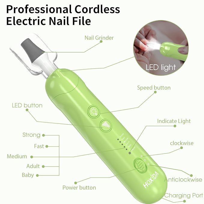 Professional Manicure Pedicure Kit, Cordless Electric Nail File Set, Rechargeable Pedicure Tools for feet, 5 Speeds Hand Foot Care Nail Drill for Thick Nail Toenail Cuticle Women Men Baby Pets-Green