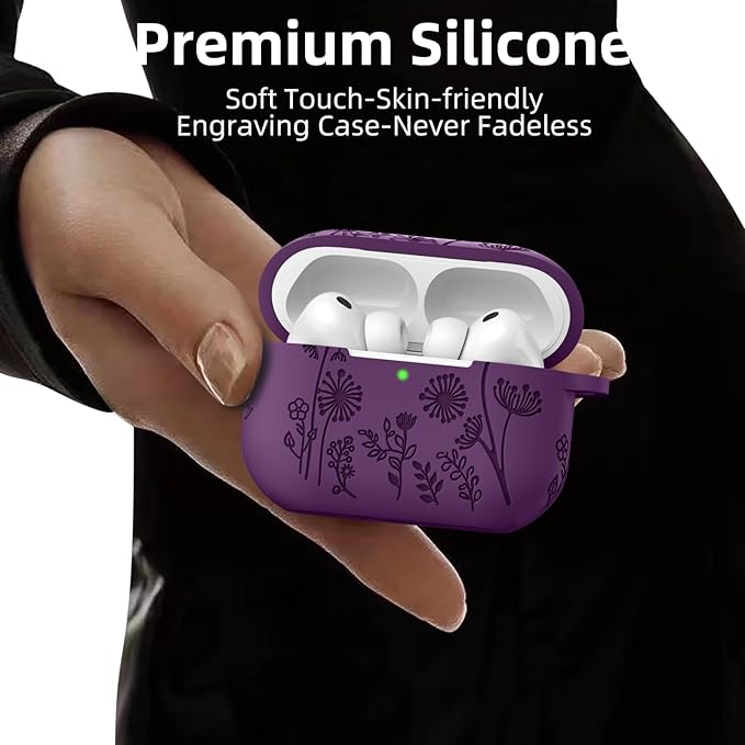 Lerobo Flower Engraved Case for AirPods Pro 3 with Cleaner Kit,Soft Silicone Cover with Keychain Compatible with Apple AirPods Pro 3rd Generation Case for Women & Men,360°Protection,Led Visible,Purple