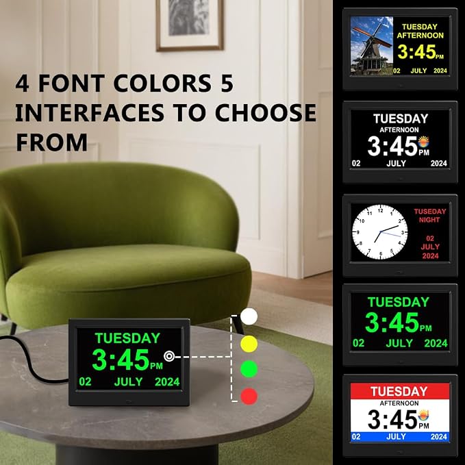 (No Power Adapter Alarm Clock with Day and Date for Elderly 7inch Digital Calendar Clock Photo Frame- Auto Dimmable Display 15 Alarm Options, Clock with Non-Abbreviated Day & Month