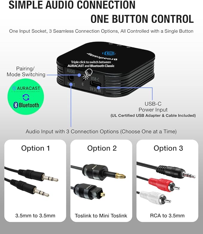 BA210 v2 Auracast Bluetooth Transmitter, LC3, AptX Lossless, AptX HD, Optical & 3.5mm Inputs, Compatible with Galaxy Buds 2 Pro, Buds 3, JY300 JM320, Hearing Aids and Bluetooth Headphones
