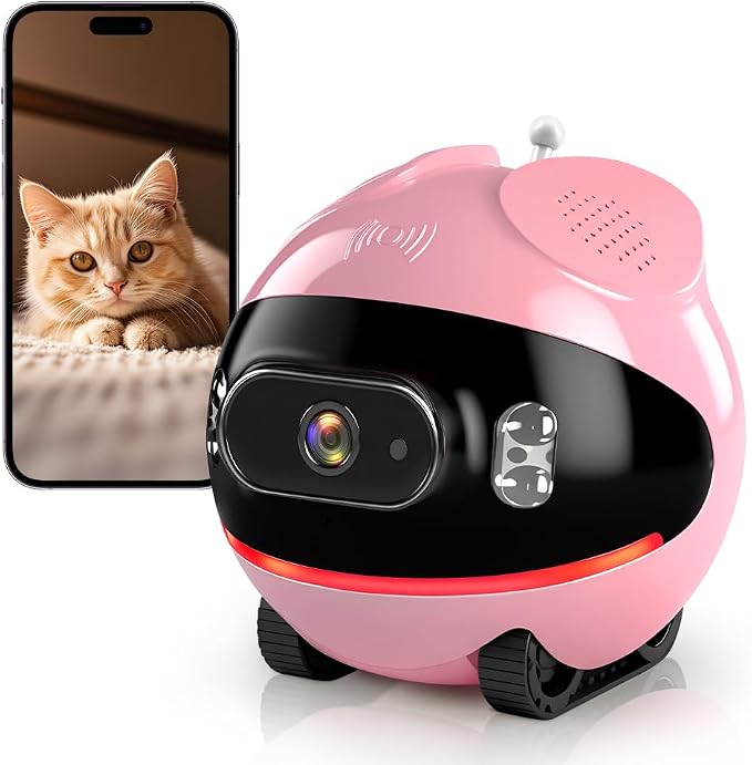Pet Camera Robot with Cat Teaser: Battery-Operated, Movable with Phone App, 2-Way Talk, Video/Photo, Night Vision (Pink)