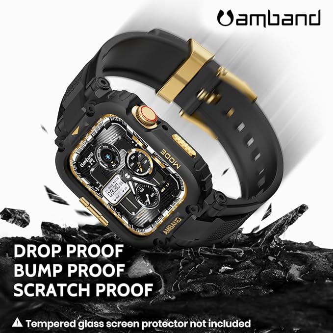 amBand Bands Compatible with Apple Watch 9/8/7 45mm, M1 Sport Series Rugged Case Protective Cover for iWatch 6/SE (3/2/1)/5/4/3 44mm Black Gold