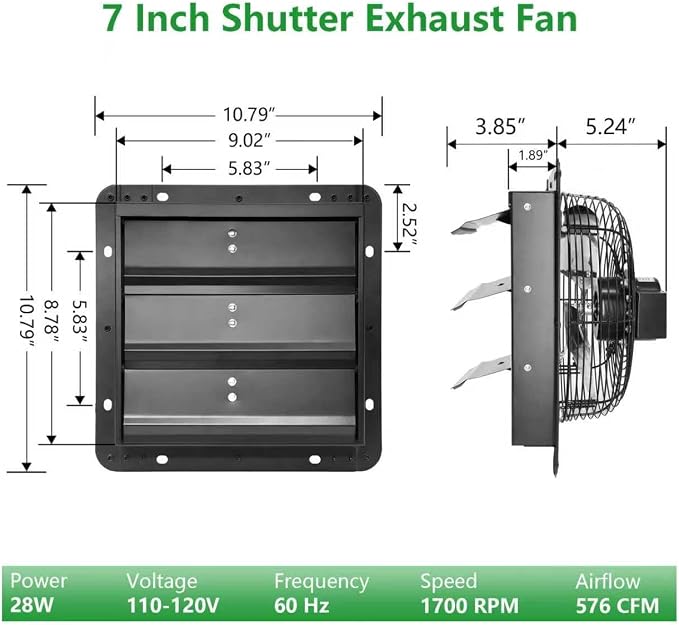 Shutter Exhaust Fan, 7 in Wall Mount Ventilation Fan w/Speed Controller Attic Vent Fan for Chicken Coops, Greenhouse, Gable, Barn, Garage, Shed Ventilator 576 CFM, 1700 RPM