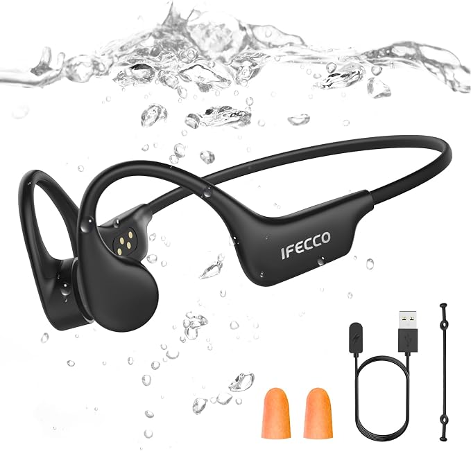 IFECCO Waterproof Headphones for Swimming - Bone Conduction Headphones Swimming Bluetooth 6.0,IP68 Waterproof Earbuds Underwater,Open Ear Earbuds with 8G MP3 for Swim Cycling Running