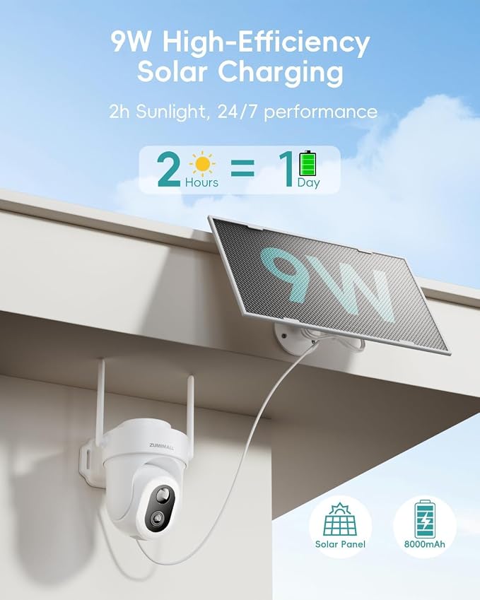 ZUMIMALL 9W Solar Security Cameras Wireless Outdoor, AOV 24/7 Recording Cameras for Home Security, 360° View, 2K Color Night Vision, 2-Way Talk, 2.4GHz WiFi, Auto Tracking, SD/Cloud/Alexa/AI (2-Pack)