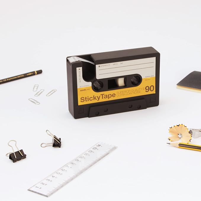 Suck UK Tape Dispenser - Retro Cassette Tape Dispenser Desk - Retro Desk Accessories - Novelty Office Accessories - Sticky Holder - Double Sided Organiser - Old School Stationery Gift - Refillable