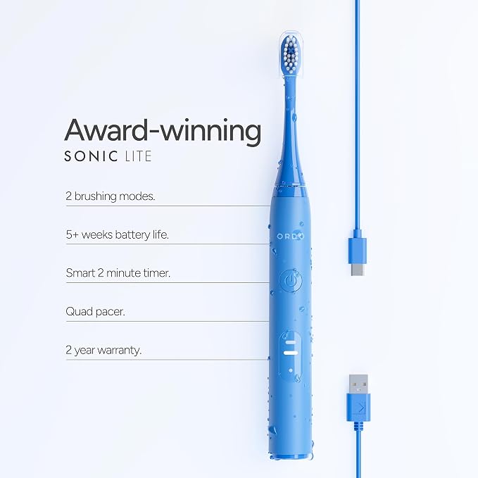 ORDO Lite Sonic Toothbrush, Electric Toothbrushes with 35,000 Pulses Per Min, Dual Modes, Over 5 Weeks Battery, Smart Timer, Waterproof, USB C, Sky