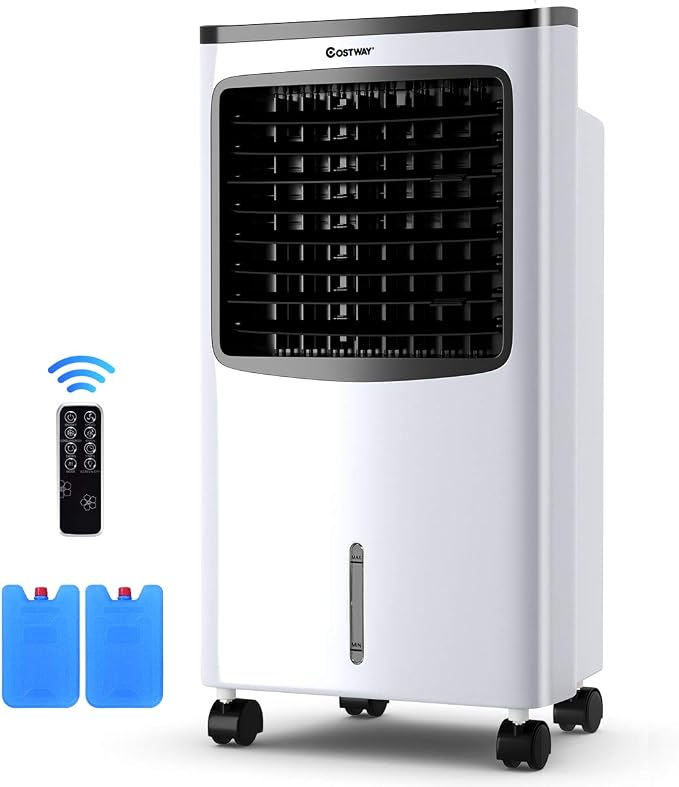 COSTWAY Evaporative Cooler, Portable Cooling Fan with Remote Control, 3-Mode, 3-Speed and 7.5H Timer Function, Include Ice Crystal Boxes, Water Tank and Casters, Bladeless Air Cooler