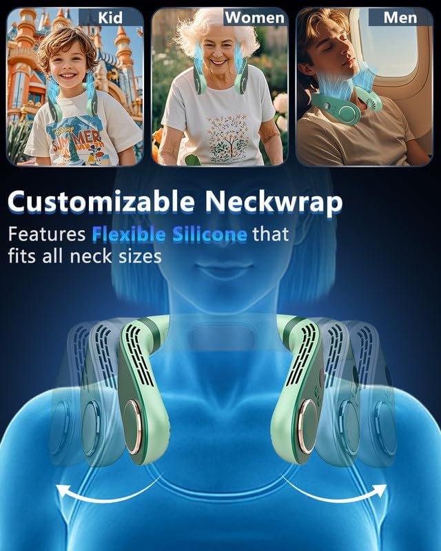 Neck Fan Air Conditioner,Neck Fans that Blow Cold Air,[3-19.5 Hours] Long Battery Life Neck Coolers for Extremely Hot Weather Flashes,Fanless Handsfree Hangs Fan Around Neck Headband Devices Green