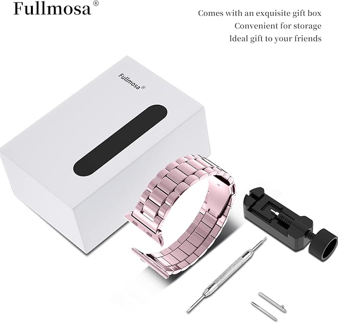 Fullmosa Metal Band Compatible with Apple Watch Bands 45mm 44mm 42mm, iWatch Band with Case for Apple Watch Series 9 8 7 6 5 4 3 2 1 SE3/2/1, Rose Pink