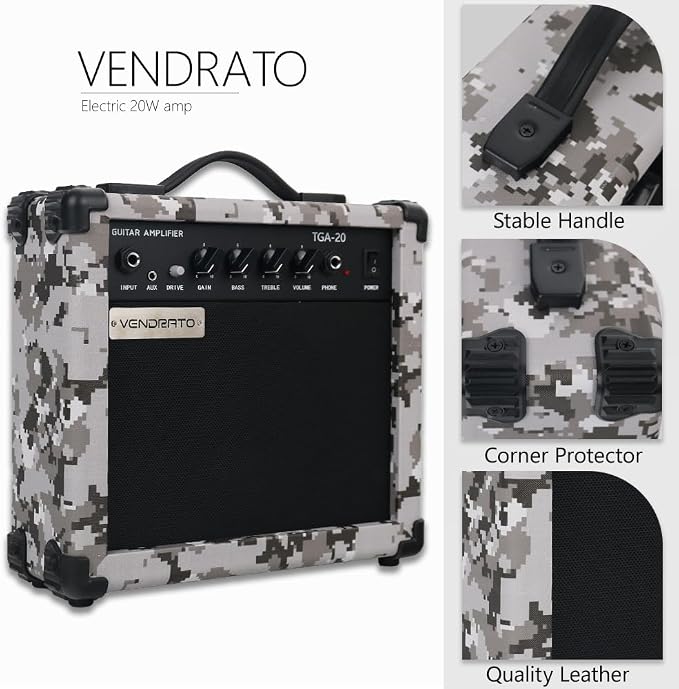 Electric Guitar Amplifier 20 Watt Amp Grey Camo Pixel Speaker Input Jack Aux Drive Gain Bass Treble Volume Headphone Multi Function Suitable for Beginner Starter Practice