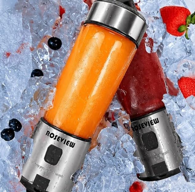 Portable Smoothie blender ROSEVIEW Glass bottle USB rechargeable mini Handheld Ice Shakes Cup 2 blend juicer Cordless Personal smoothies maker Fruit mixer
