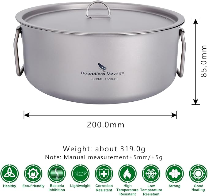 Boundless Voyage 2L Titanium Stock Pot with Lid Folding Handle Soup Pot for Outdoor Camping Hiking Picnic Home Kitchen Ultralight Cookware Ti2054C