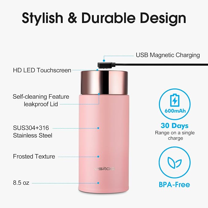 Vsitoo 8.5oz self-cleaning Mini Insulated Water Bottle,Stainless Steel Vacuum Flask,AI Self-Clean,30-Day Battery Life,BPA-Free,Perfect Small Water Bottle for Travel, Purse,Pink
