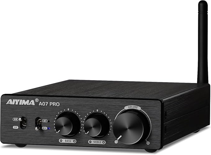 AIYIMA A07 Pro TPA3255 Stereo Amplifier Bluetooth 5.2 300Wx2 HiFi Class D Amp 2.0/2.1 Channel Audio Power Amp for Home Audio Speaker with Bass Treble knobs& 3.5mm Line Output,Supports 24-48V | Aluminum desktop receiver with bass/treble tone controls.St...