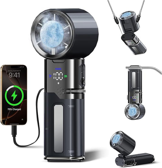 Portable Rechargeable Handheld Turbo Fan,9000mAh Multifunctional Cooling Fan with Ice Cooling ＆ Charging Function,Built-in Type-C Charging Cable & LED Display,100-Speed Wind,Suitable for Travel/Office