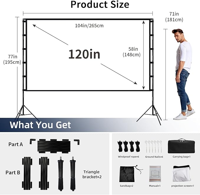 Projector Screen and Stand, Wootfairy 120 inch Foldable and Portable Projection Screen 16:9 4K HD Rear Front Wrinkle-Free Movie Screen with Carry Bag for Indoor Outdoor Home Theater Backyard Cinema
