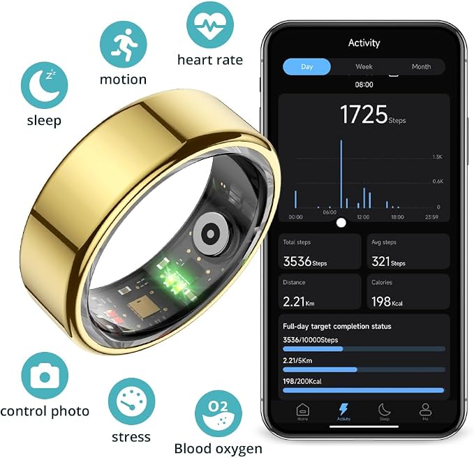 COLMI R02 Smart Ring, Smart Ring for Women and Men, No Subscription Fee, with a Charging Case, Supports Heart Rate, Blood Oxygen, Sleep Health Monitoring. (Gold, 7#)