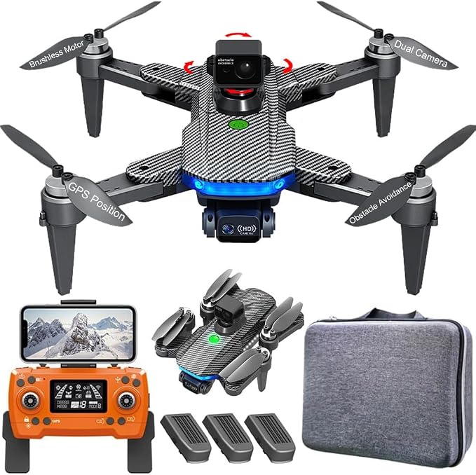 Lozenge Drones 360° Obstacle Avoidance Brushless Drones with Camera for Adults 4K GPS Smart Follow Auto Return Long Battery Life Quadcopter Big Size L900 HJ90 3 Battery Black Carbon Fiber Pattern