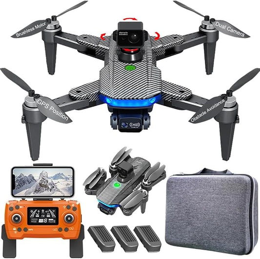 Lozenge Drones 360° Obstacle Avoidance Brushless Drones with Camera for Adults 4K GPS Smart Follow Auto Return Long Battery Life Quadcopter Big Size L900 HJ90 3 Battery Black Carbon Fiber Pattern