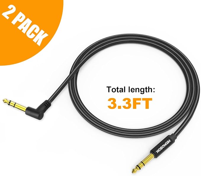 HOSONGIN 1/4 Inch TRS Instrument Cable 3.3 feet 2-Pack, Straight-to-Right Angle 6.35mm Male Stereo Audio Cord, Balanced Interconnect Line for Electric Guitar, Bass, Keyboard, Mixer, Amplifier, Speaker