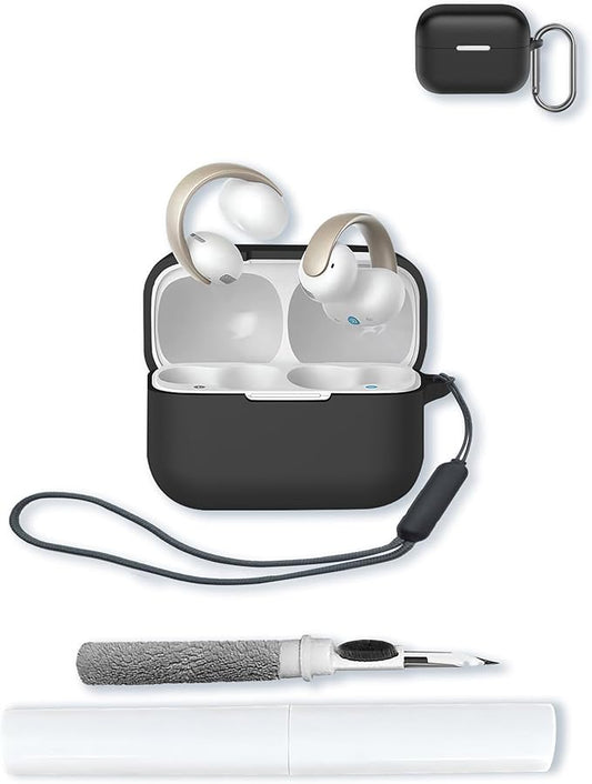Case for Anker Soundcore AeroClip Open-Ear Clip-On Earbuds,Soft Protective,BOVUGAC Silicone Case Cover with Keychain & Cleaning Kit & Lanyard for Anker Soundcore AeroClip Earbuds-Black