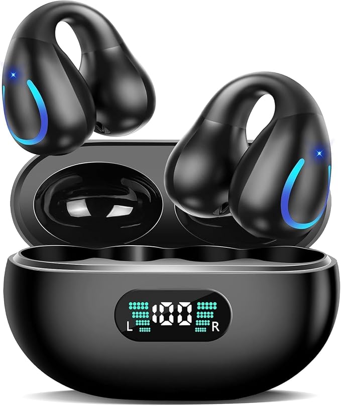 Open Ear Bone Conduction Headphones Bluetooth 5.3 Wireless Clip On Earbuds with Digital Display Charging Case 60 Hours Playtime Sport Earphones Built-in Mic IPX7Waterproof for Running Fitness Exercise