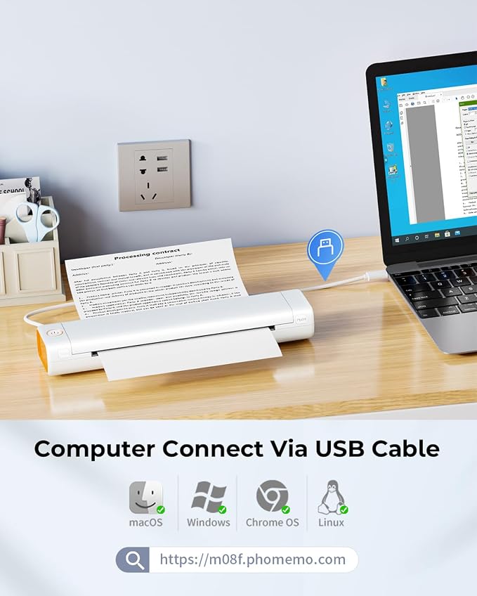 Phomemo Portable Printers Wireless for Travel, M08F Thermal Bluetooth Printer Support for 8.5"x11" US Letter, Inkless Printer Compatible with iOS, Android,White,1 Printer + 10 Sheets of Thermal Paper
