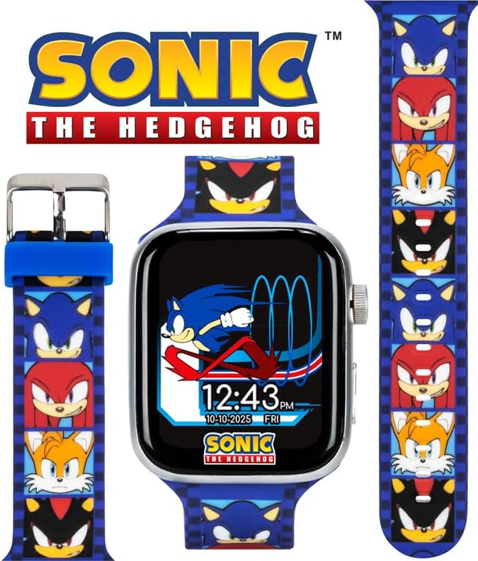 Sonic The Hedgehog Kids Smartwatch – Bluetooth Calling, Messages, Camera, Music, Sleep Tracker, Fitness & Activity Apps – 6 Watch Faces, Touchscreen, USB Rechargeable – Fits Wrists 5.5" to 8"
