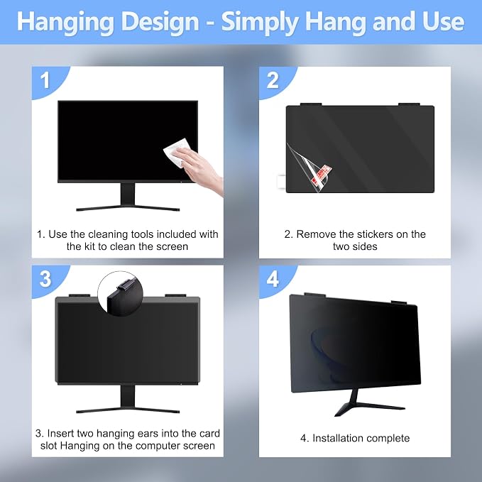 24 Inch Privacy Screen for Computer Monitor Hanging Removable Privacy Filter for 16:9 Aspect Ratio, Anti-Glare Anti-Spy Blue Light Shield, No Adhesive Easy Install 24in Computer Screen Privacy Shield (1 Pack)
