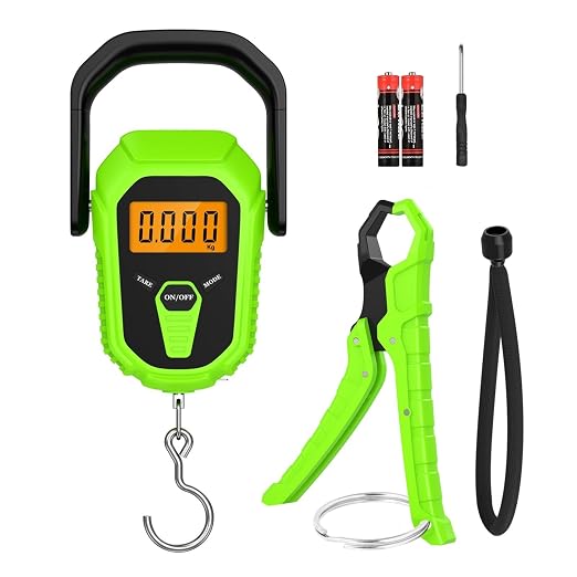 Fish Scale with Lip Gripper, Waterproof Digital Fish Scale, 110lb/50kg Hanging Fish Weight Scale, Portable Luggage Scale with Tape Measure, LCD Backlit, Batteries, for Home Fishing, Green