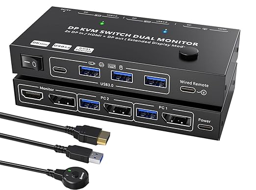 MST Displayport Splitter Dual Monitor KVM Switch 2 Monitors 2 Computers 1 DP in 2 Screens Out (DP&HDMI) Support Max Single 8K@30Hz/Dual 4K@100Hz USB 3.0 KVM Switches with Wired Remote Controller