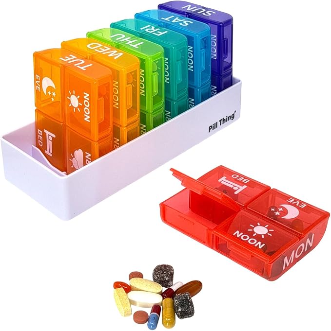 4 Times a Day, 7 Day Large Weekly Pill Organizer with Holder Tray, Vitamin, Medicine Box, Multicolor with Medical Alert Card (4X a Day - 2 Pack)