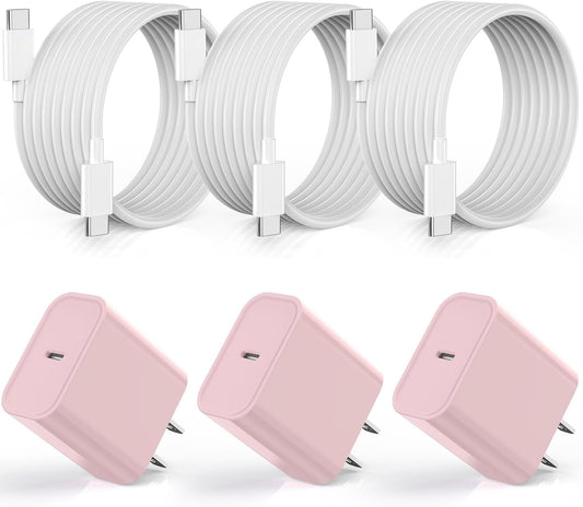 [Apple MFi Certified] iPhone 16 Pro Max Quick Charger,3Pack 20W USB C Wall Charger Block and 6 Feet USB C to USB C Fast Charging Cable for iPhone 16/16 Plus/Pro/Pro Max/iPhone 15/15 Pro Max/Plus(Pink)