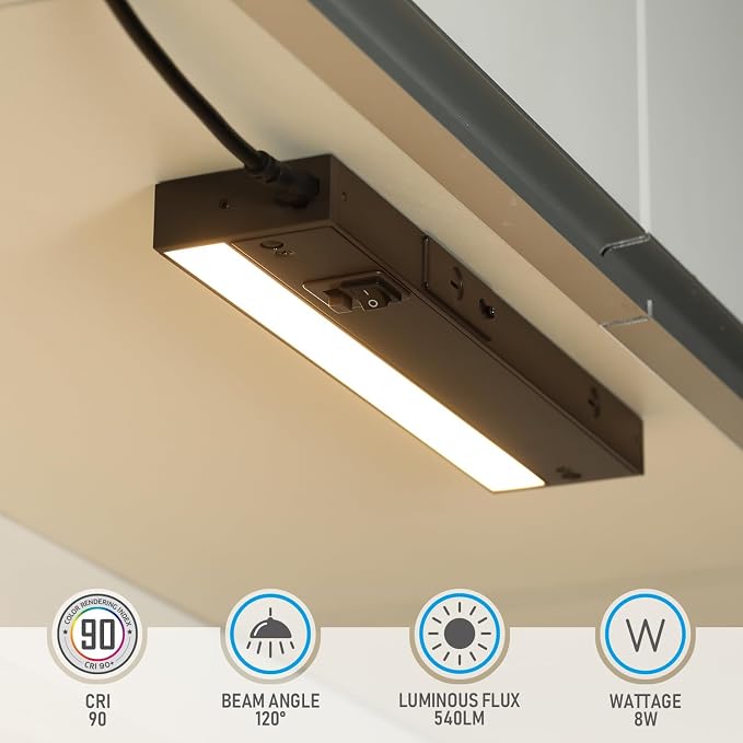 TORCHSTAR 4-Pack 12 Inch LED Under Cabinet Lighting 5CCT, ETL T24, 8W 600LM, Hardwired & Plug-in, 5 Color Selectable CRI90 120V Dimmable Under Counter Lights for Kitchen, Bronze Aluminum Housing