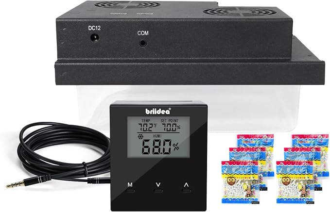 Briidea Electric Humidifiers for Cabinet (1-8 Cubic Ft.), 30% RH~80% RH Humidity Setting Values, Perfect Monitoring Temperature and Humidity, 12V Adapter Power Supply