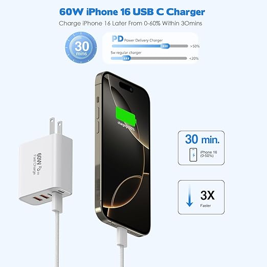 60W iPhone 17 16 15 Pro Charger Fast Charging,2Pack 10FT 5-Port USB C Charger Super Fast Charging Block Long 10Foot Woven Cable USBC Cord for iPhone 17/17 Air/17 Pro Max/16e/16/15/15 Pro Max,iPad Pro