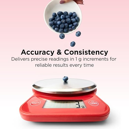 Kitchen Mama Q-Series Digital Food Scale, Red | 13.2 lb / 6000g Capacity, 1g Precision, Tare Function, Stainless Steel Platform, LCD Display