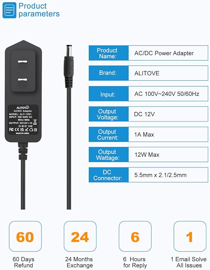ALITOVE DC 12V 1A Power Supply 12W AC Adapter 100~240V 50-60hz to 12 Volt 1Amp 0.5A Transformer DC 12V Power Cord 5.5 x 2.5mm 2.1mm Plug for LED Strip Light CCTV Security Camera and More
