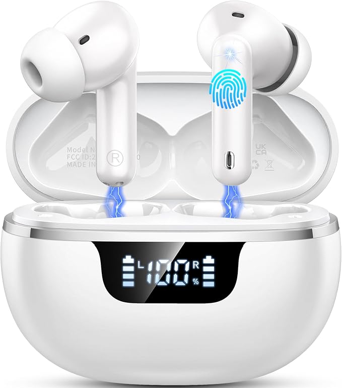 Wireless Earbuds, Bluetooth 5.4 Headphones In Ear with Noise Cancelling Mic, Bluetooth Earbuds Stereo Bass, IP7 Waterproof Sports Earphones, 50H Playtime USB C Charging White Ear Buds for Android iOS