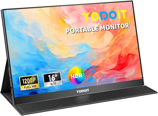 Yodoit Portable Monitor for Laptop 1920×1200 16" FHD Screen IPS Display with USB Type C Port, Built-in Speakers and Smart Cover Compatible with PC, MacBook, Xbox (Black)
