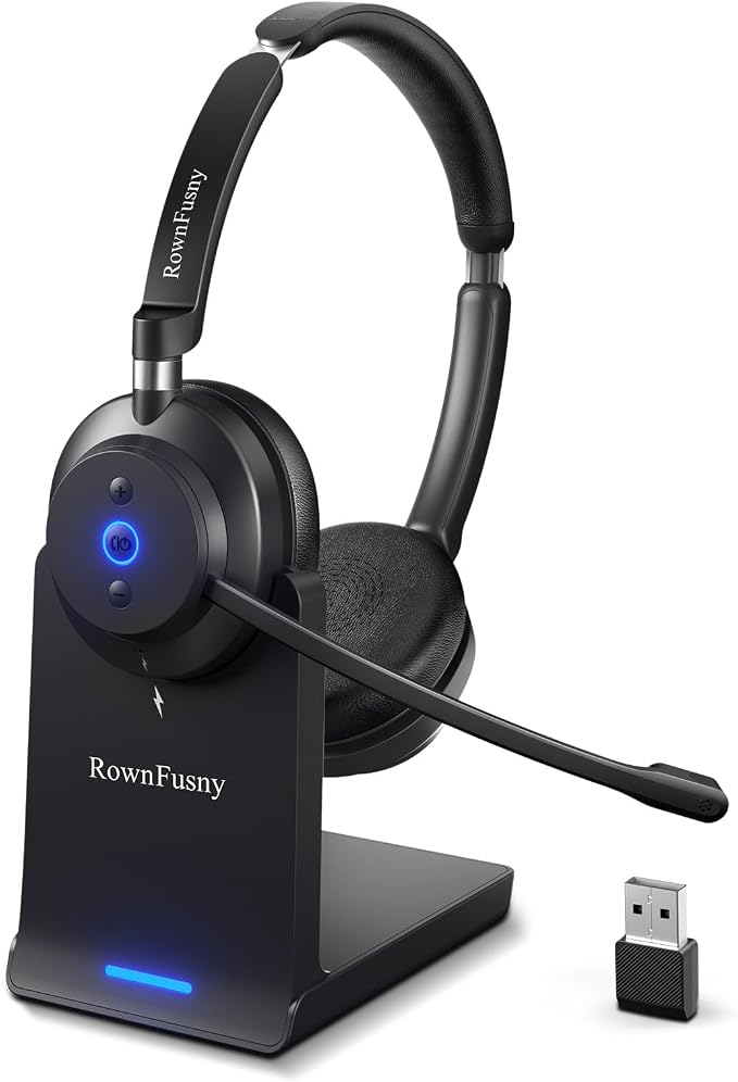 Wireless Headset with Mic for Work-Bluetooth Over Ear Headphones with Microphone,Noise Cancelling with Mute & USB Dongle for Computer/Phones/Remote Work/Call Center,Lightweight All Day Comfort