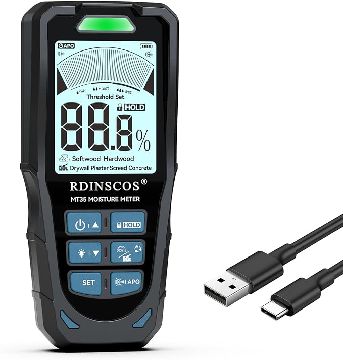 RDINSCOS Rechargeable Pinless Moisture Meter for Drywall | 19mm Depth,Non-Destructive Moisture Tester,Auto Alarm for Wood, Wall, Flooring & Building Materials, Home DIY Inspection