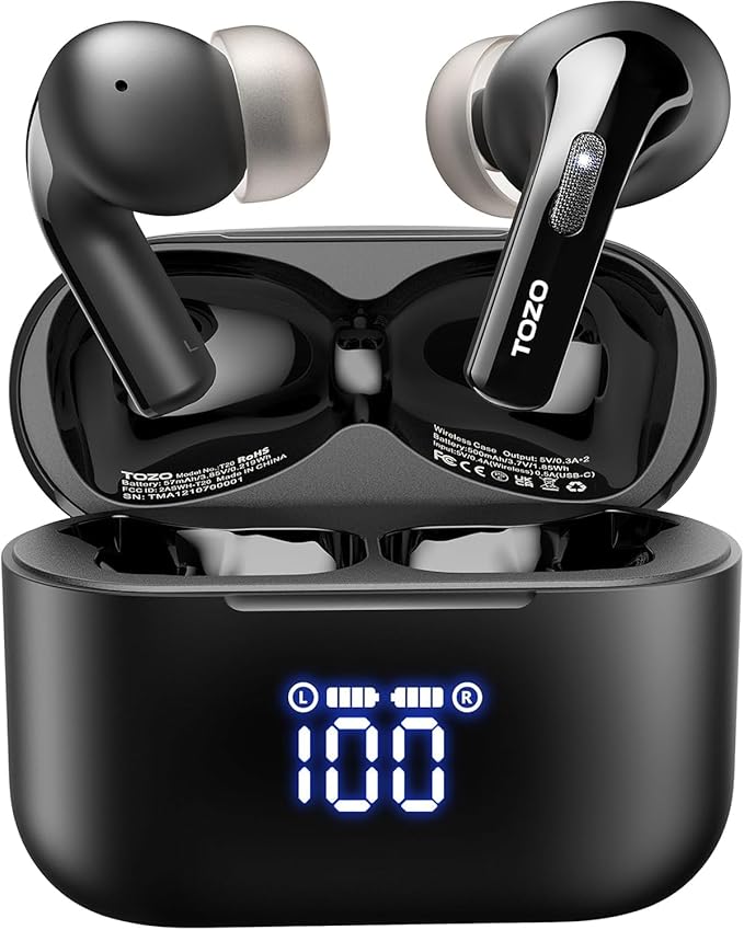 TOZO T20 Wireless Earbuds, Bluetooth 5.3 Headphones with 97H Playtime, IPX8 Waterproof, Dual Mic ENC Call Noise Cancelling, Deep Bass Sound, LED Display, Wireless Charging Case