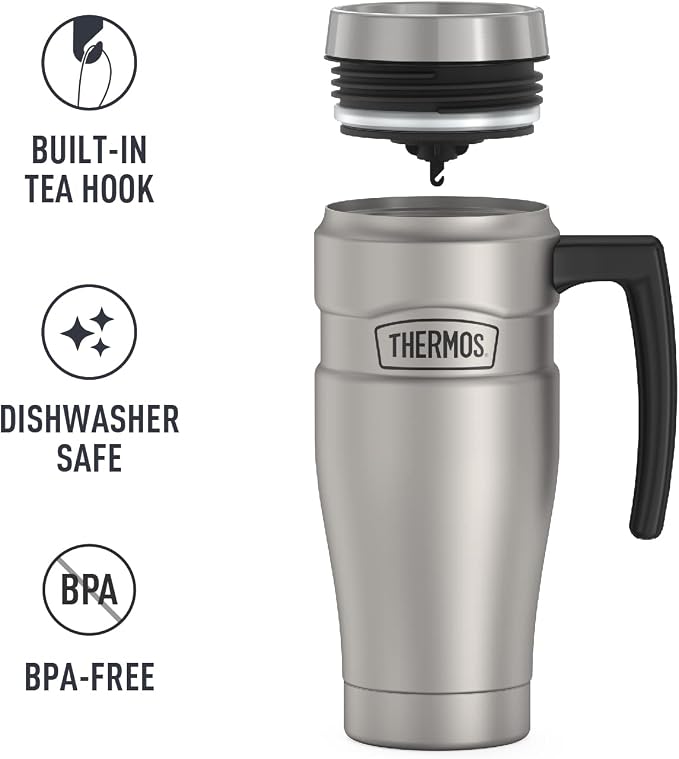 THERMOS Stainless King Vacuum-Insulated Travel Mug with Handle-16oz,Matte Steel-Thermos Tumbler for Hot&Cold Drinks-Leak-Proof&Sweat-Proof Stainless Steel Coffee Mug with Lid for Commuting,(Pack of 4)