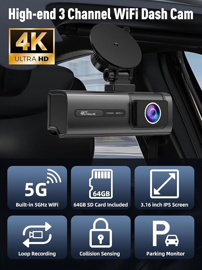 3 Channel 5G WiFi Dash Cam, 4K+1080P+1080P Dash Cam Front and Rear with 64GB Card, Dash Camera for Car with HDR IR Night Vision, G-Sensor, 24/7 Parking Mode, WDR, Support 128GB Max - Black