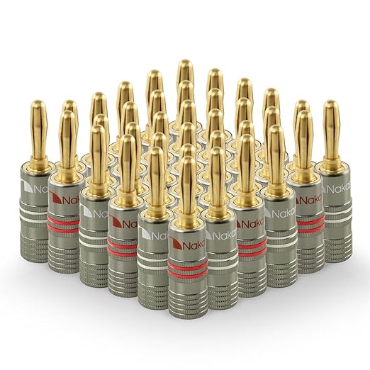 Nakamichi Ultimate Series 24K Gold Plated Beryllium Red Copper Banana Plug 12-18 AWG Gauge Size 4mm Connector for Speakers Wire Amplifiers Hi-Fi Sound Systems (36 Pcs (18-Pairs), Banana Plugs)