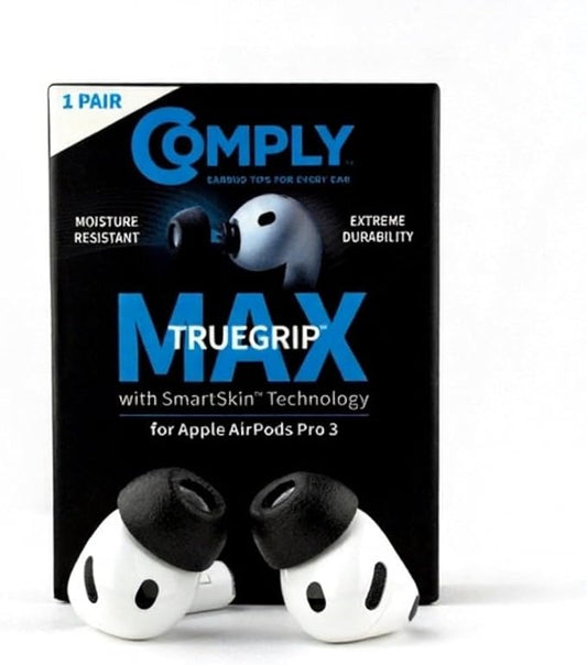 Comply TrueGrip MAX | Premium Memory Foam Replacement Earbud Tips for Apple AirPods Pro Gen 3 | Long Lasting Comfort, MAX Durability, Secure Fit, Superior Noise Isolation| Black (Large) (1 Pair)